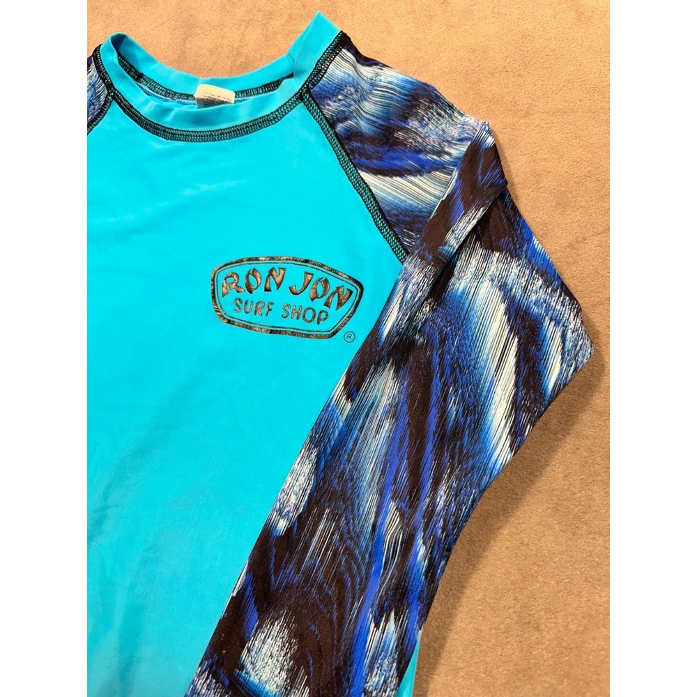 Kids Ron Jon Surf Shop Long Sleeve Rash Guard Swim Shirt Aqua Blue Print Size 12 - Picture 4 of 6